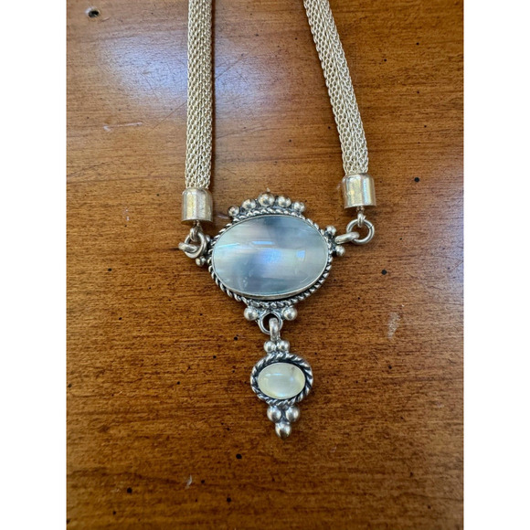 Oval Rainbow Moonstone Pendant 925 Silver Signed 2 T.C. Rope Chain - Picture 3 of 7